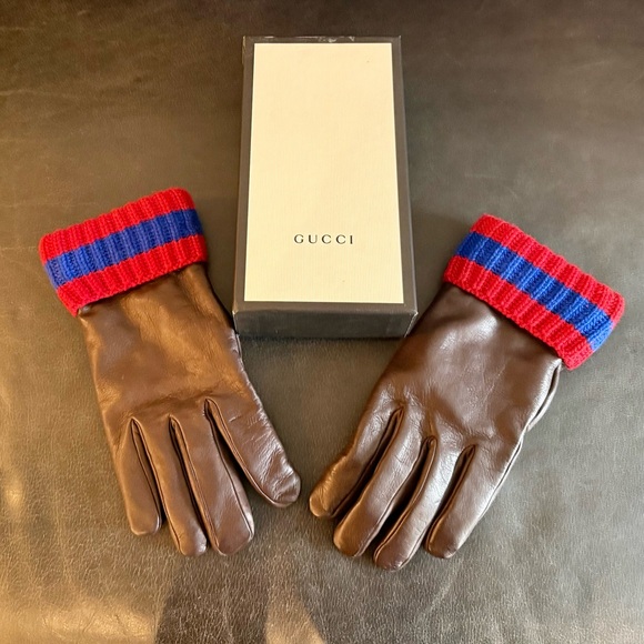 Gucci Brown Leather Gloves with Red & Blue Ribbed Cuffs